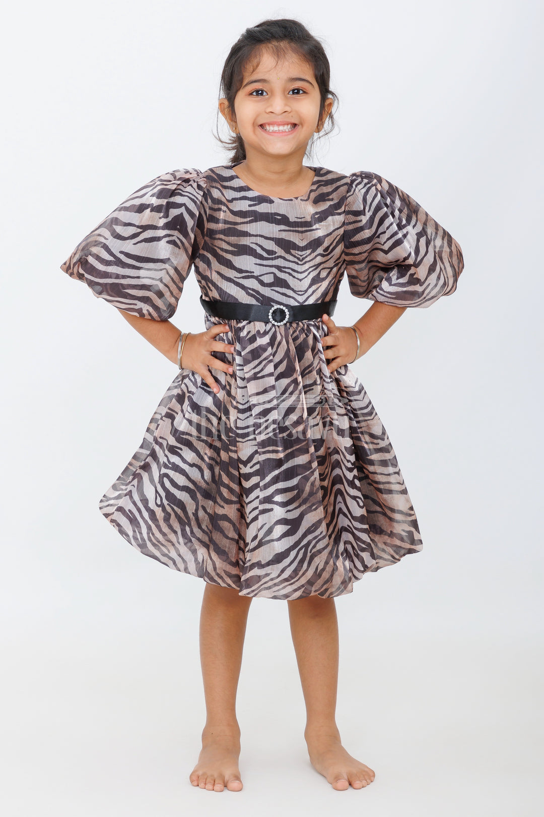 Bold Zebra Print Girls Fancy Frock with Puffed Sleeves and Rhinestone Belt for Evening Parties