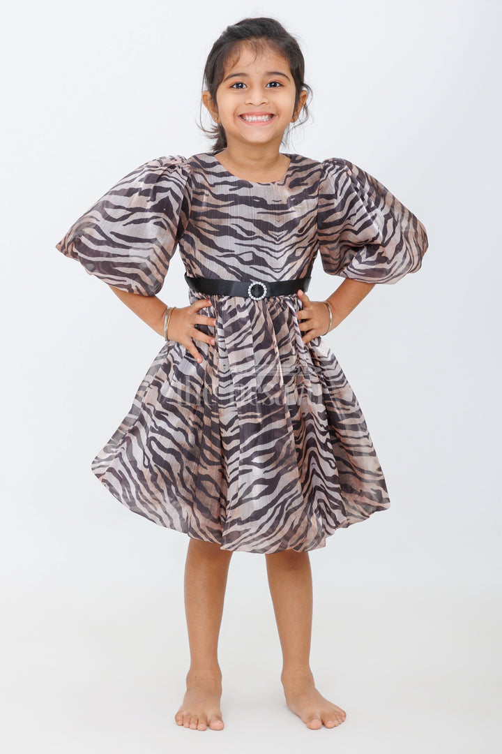 Bold Zebra Print Girls Fancy Frock with Puffed Sleeves and Rhinestone Belt for Evening Parties