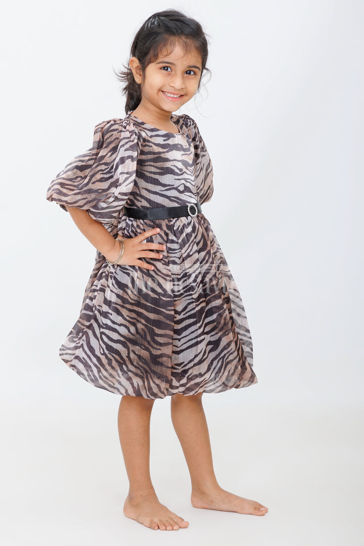 Bold Zebra Print Girls Fancy Frock with Puffed Sleeves and Rhinestone Belt for Evening Parties