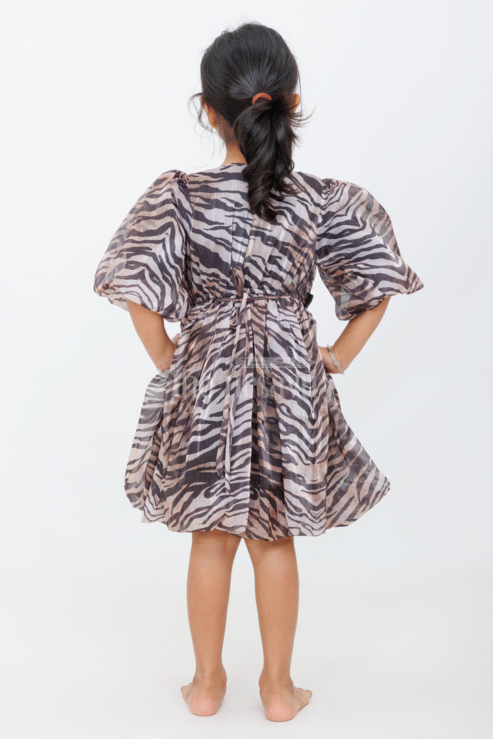 Bold Zebra Print Girls Fancy Frock with Puffed Sleeves and Rhinestone Belt for Evening Parties