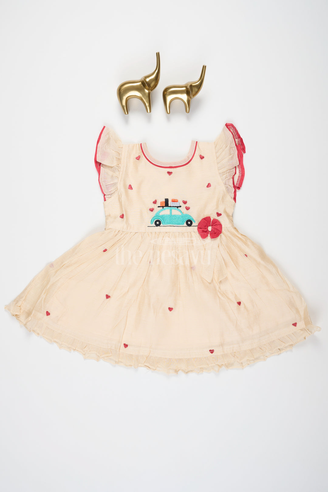 Baby Cotton Frock in Half White with Red Heart Embroidery and Car Motif