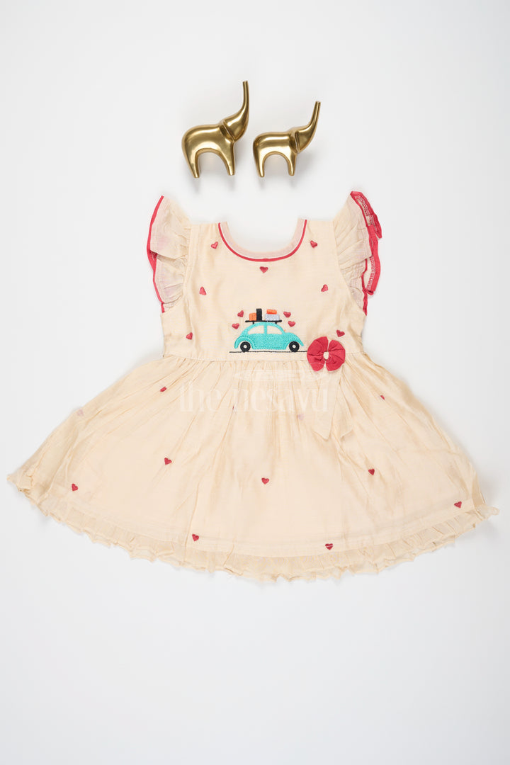 Baby Cotton Frock in Half White with Red Heart Embroidery and Car Motif