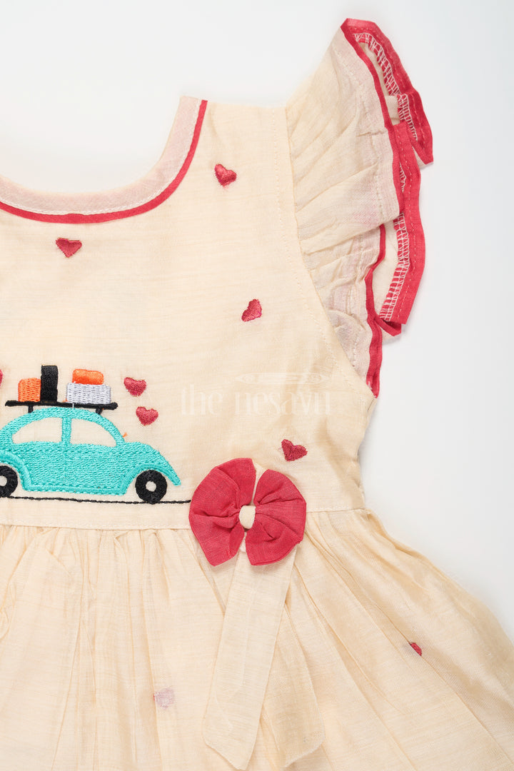 Baby Cotton Frock in Half White with Red Heart Embroidery and Car Motif