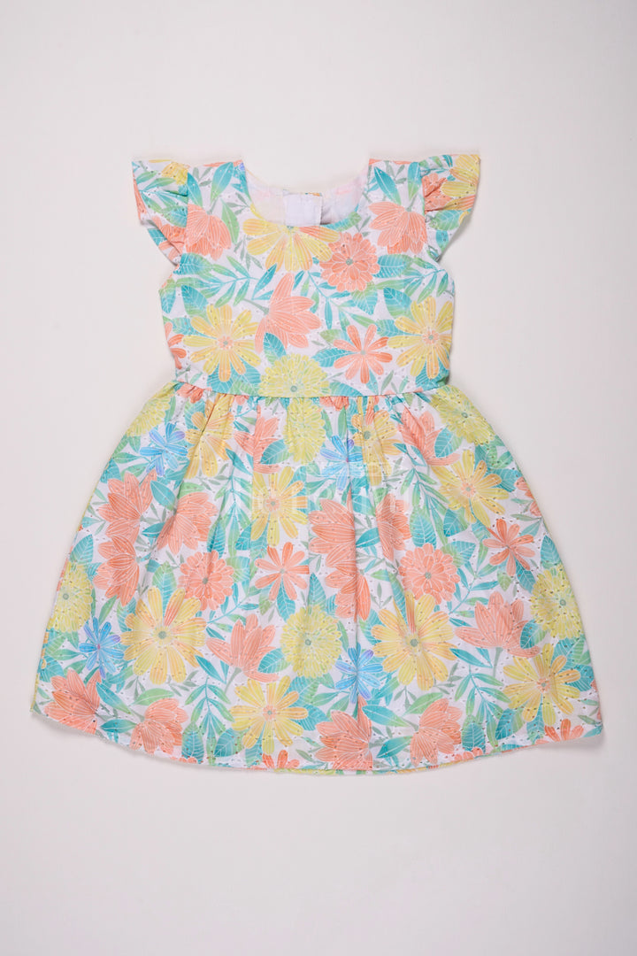 Multicolor Cotton Floral Frock with Flutter Sleeves for Girls, Perfect for Summer Outings