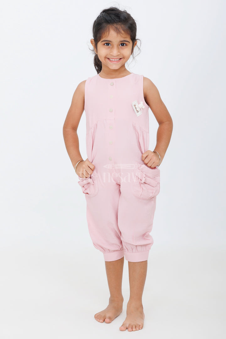 Adorable Pink Girls Jumpsuit with Oversized Bow Pockets and Button-Down Front