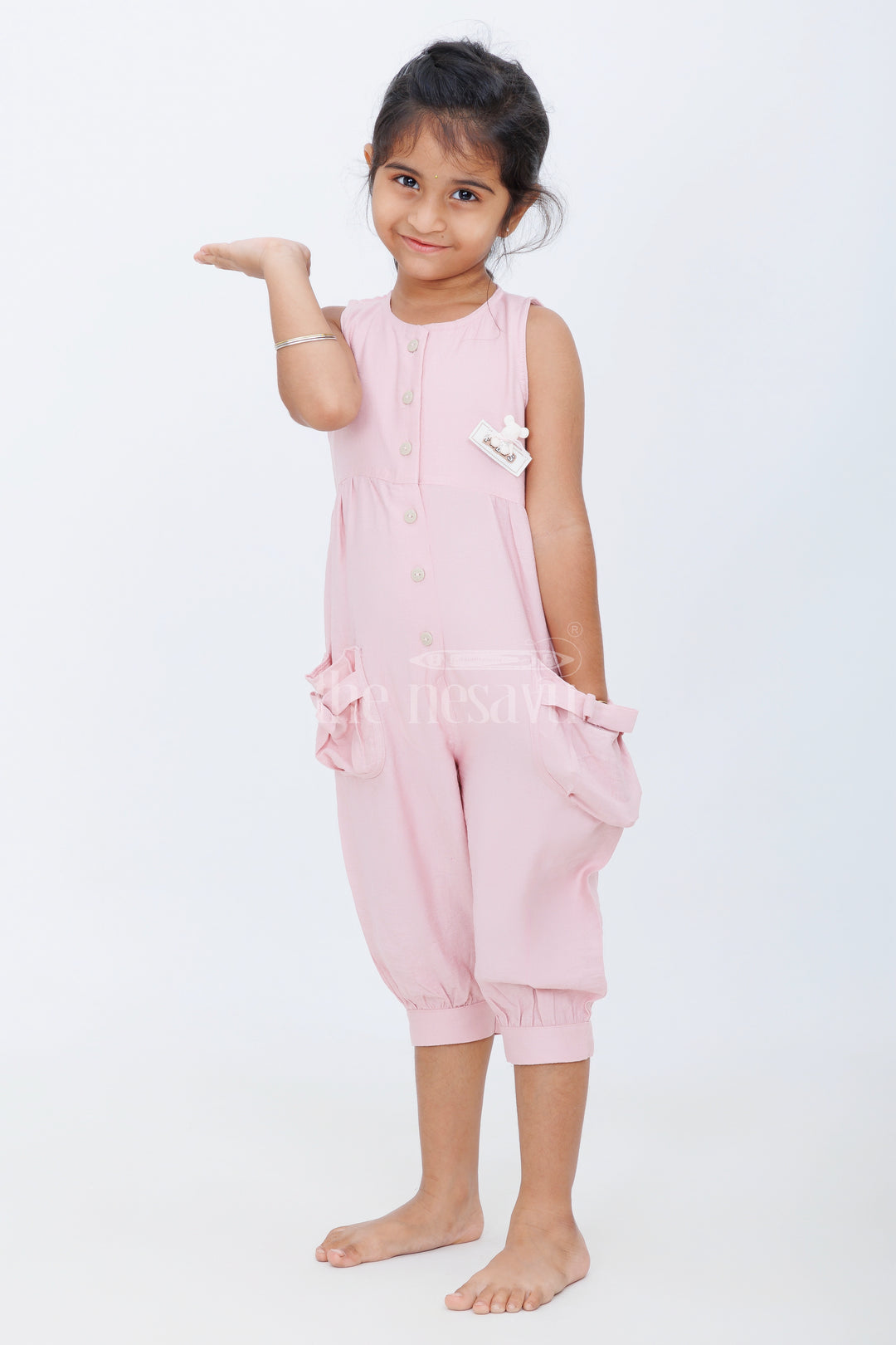 Adorable Pink Girls Jumpsuit with Oversized Bow Pockets and Button-Down Front