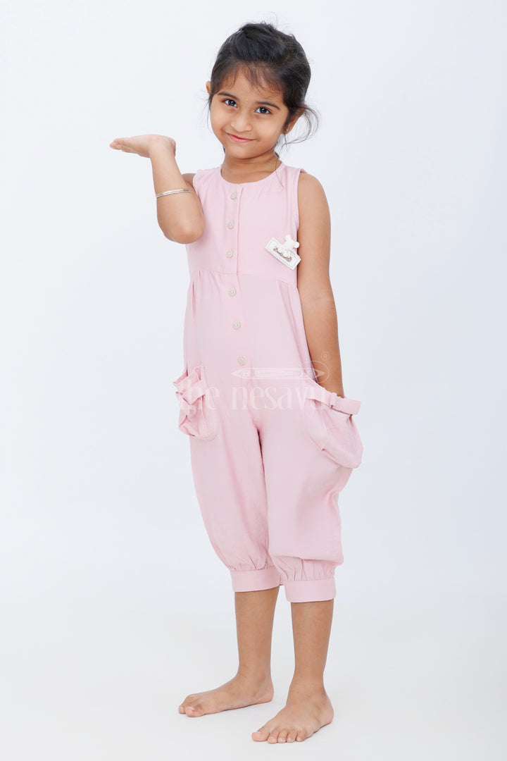 Adorable Pink Girls Jumpsuit with Oversized Bow Pockets and Button-Down Front