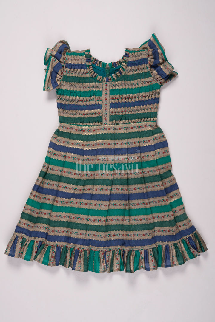 Green Striped Modal Silk Fancy Frock with Pleated Bodice and Ruffled Hem for Girls