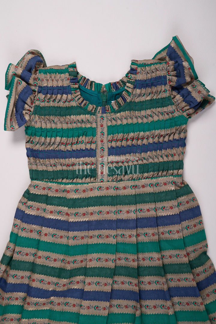 Green Striped Modal Silk Fancy Frock with Pleated Bodice and Ruffled Hem for Girls