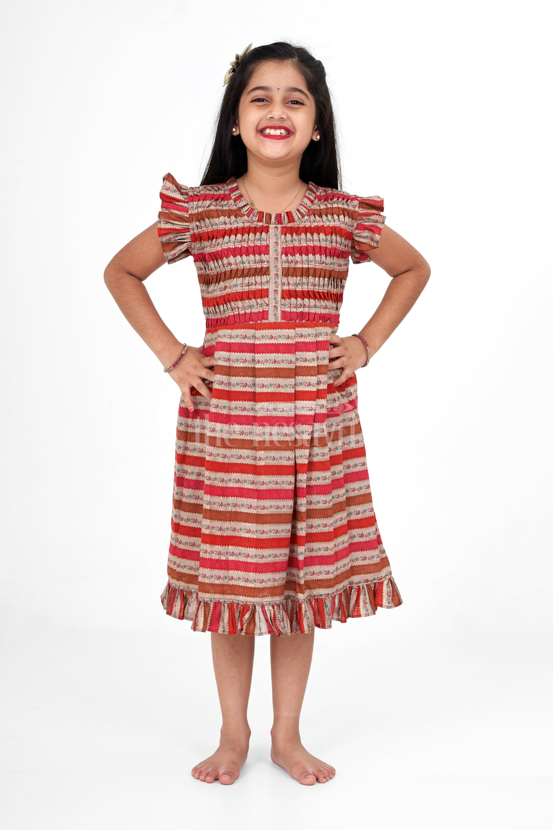 Elegant Cotton Long Frock for Ladies in Printed Chanderi with Stripes and Ruffle Hem