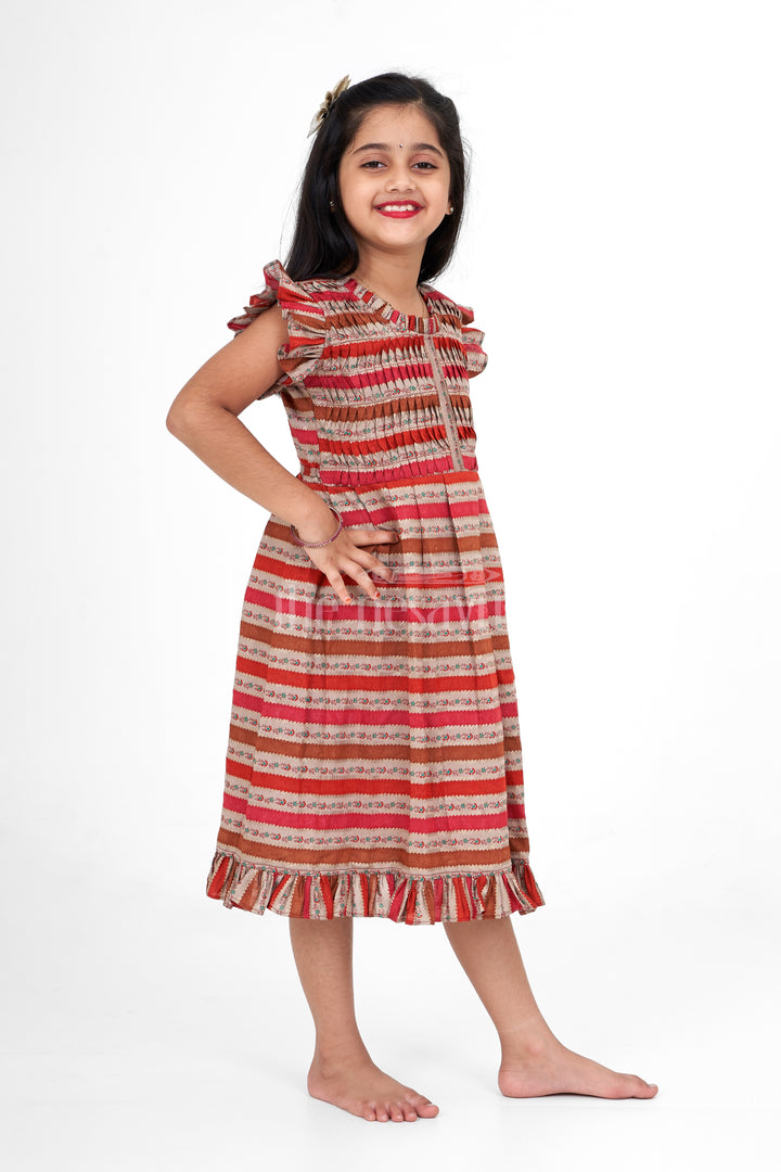 Elegant Cotton Long Frock for Ladies in Printed Chanderi with Stripes and Ruffle Hem