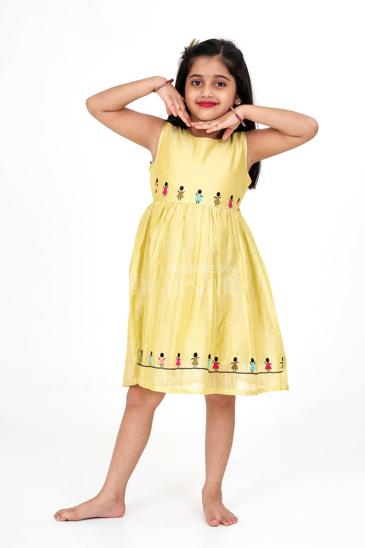 Girls Mustard Chanderi Embroidered Pattu Long Frocks with Sleeveless Design