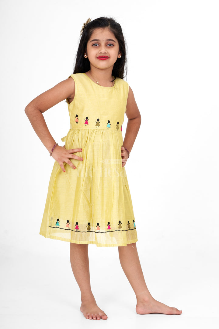 Girls Mustard Chanderi Embroidered Pattu Long Frocks with Sleeveless Design