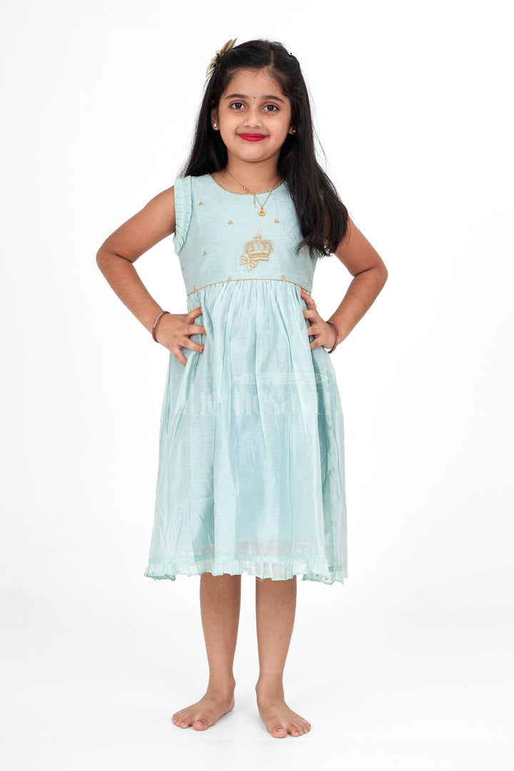 Sea Green Fancy Frock for Girls – Party Wear Sleeveless Dress with Gold Embroidery