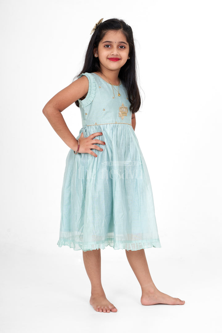 Sea Green Fancy Frock for Girls – Party Wear Sleeveless Dress with Gold Embroidery