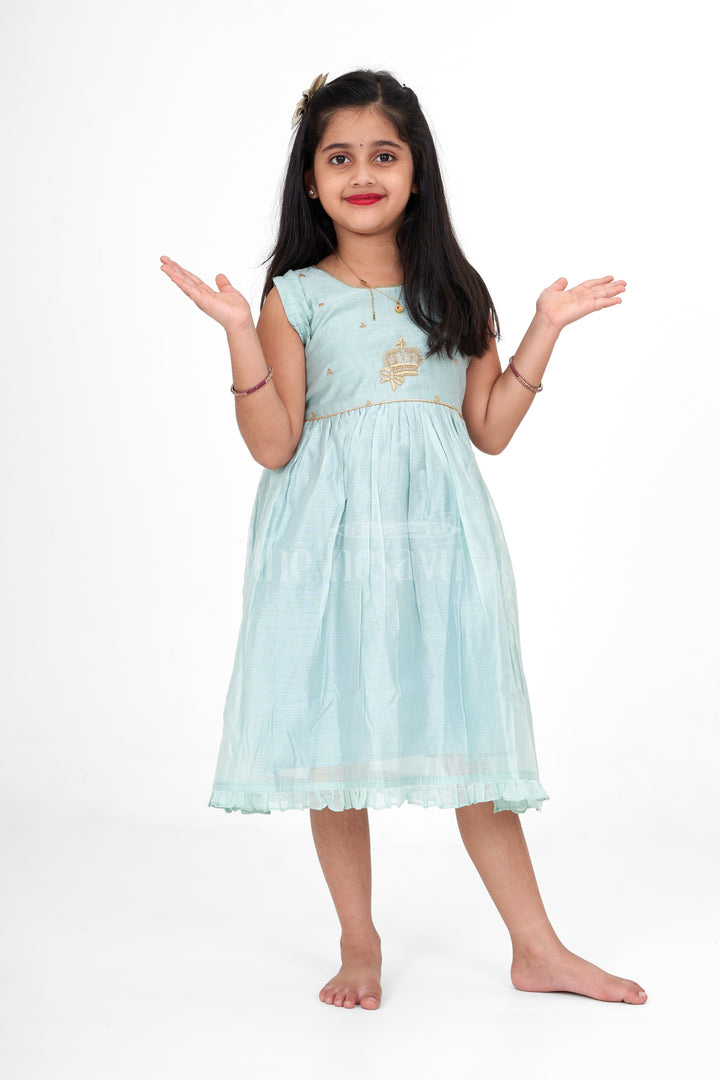 Sea Green Fancy Frock for Girls – Party Wear Sleeveless Dress with Gold Embroidery