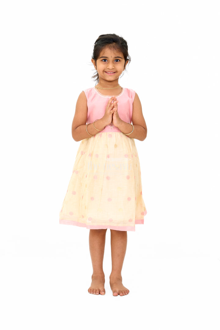 Pink and Beige Chanderi Cotton Frock for Girls with Gold Embroidery and Polka Dot Skirt