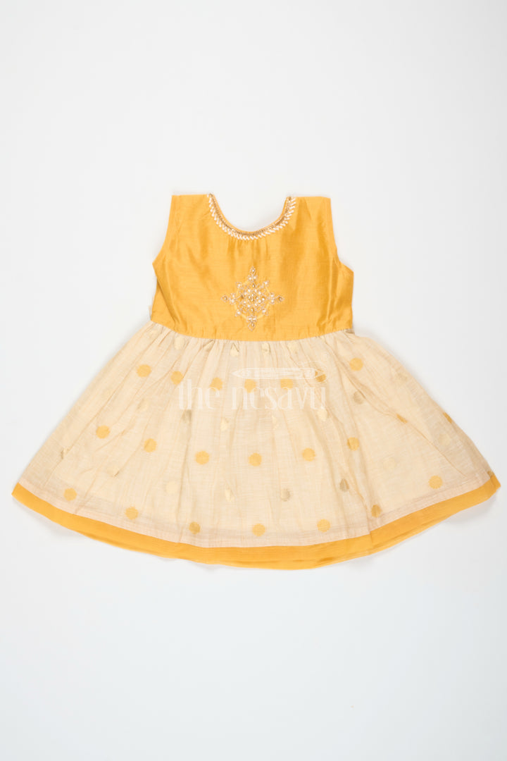 Mustard and Beige Chanderi Cotton Frock for Girls with Silver Beadwork and Polka Dot Details