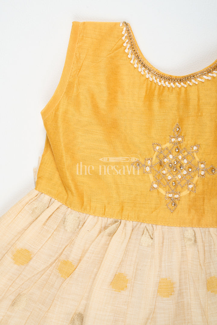 Mustard and Beige Chanderi Cotton Frock for Girls with Silver Beadwork and Polka Dot Details