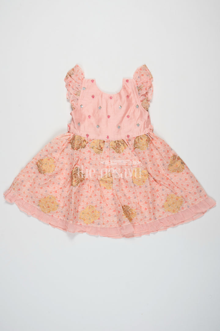 Chanderi Print with Hand Embroidery Girls Cotton Frock – Playful and Traditional Peach Outfit