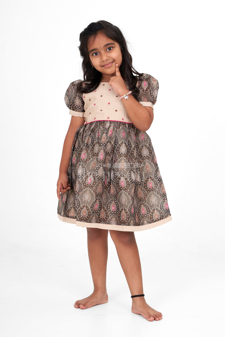 Beige Chanderi Printed Girls Cotton Frock with Floral Embroidery – Traditional Pattu Long Frock