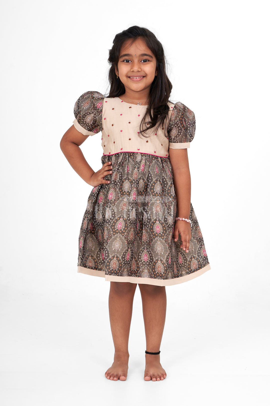 Beige Chanderi Printed Girls Cotton Frock with Floral Embroidery – Traditional Pattu Long Frock