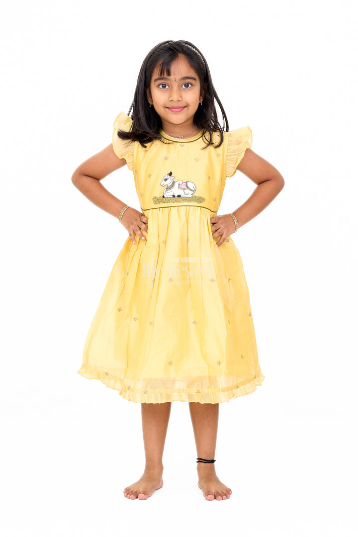 Yellow Chanderi Cotton Frock with Pichwai Cow Embroidery – Adorable Traditional Attire for Girls