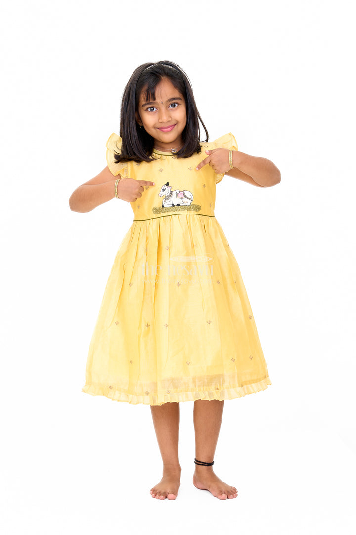 Yellow Chanderi Cotton Frock with Pichwai Cow Embroidery – Adorable Traditional Attire for Girls