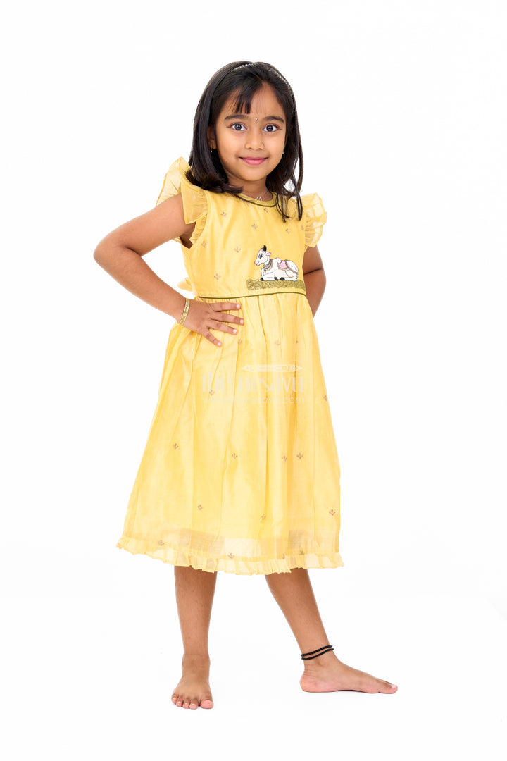 Yellow Chanderi Cotton Frock with Pichwai Cow Embroidery – Adorable Traditional Attire for Girls