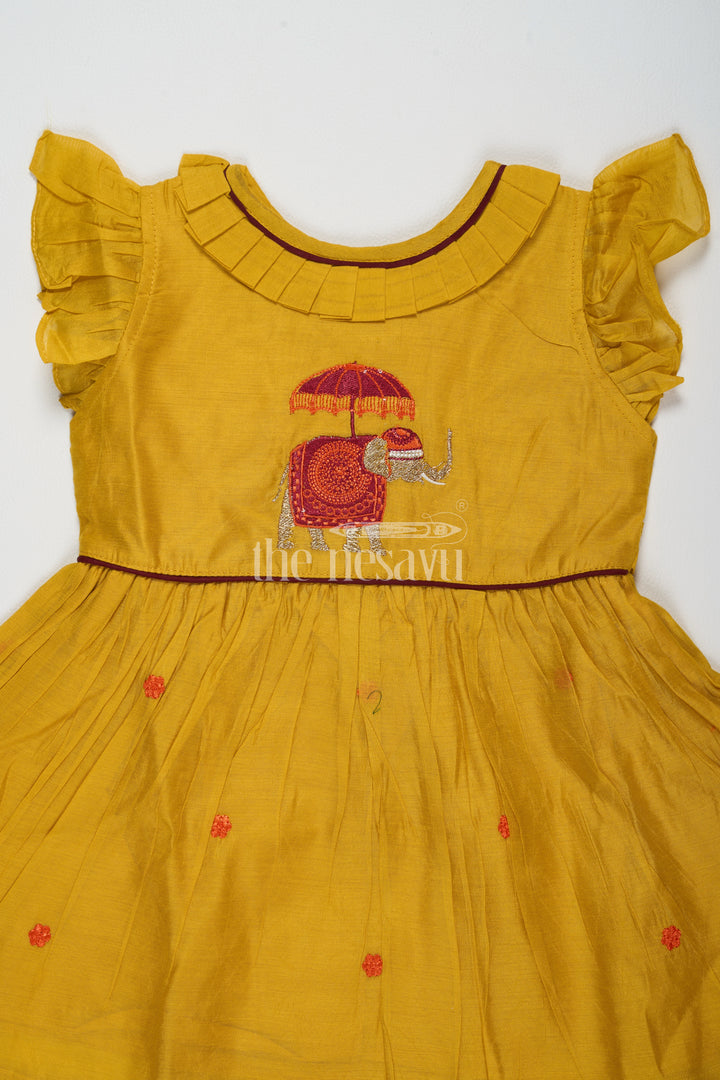 Mustard Chanderi Cotton Frock for Girls with Elephant Embroidery – Festive Dress for Traditional Events