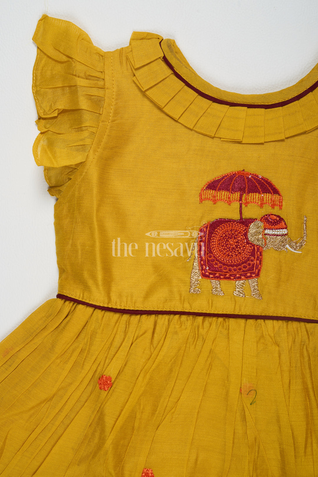 Mustard Chanderi Cotton Frock for Girls with Elephant Embroidery – Festive Dress for Traditional Events