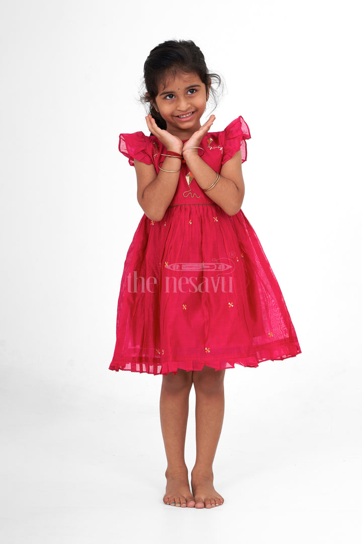 Red Chanderi Cotton Frock for Girls with Kite Embroidery – Fun and Playful Festive Outfit