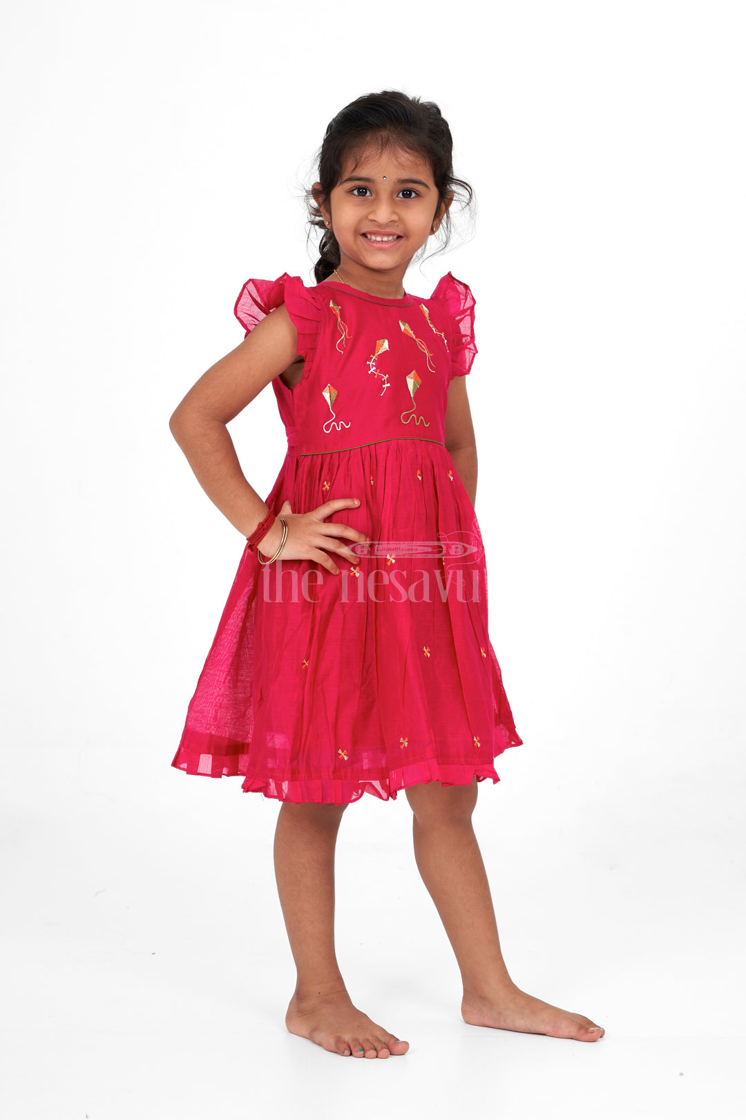 Red Chanderi Cotton Frock for Girls with Kite Embroidery – Fun and Playful Festive Outfit