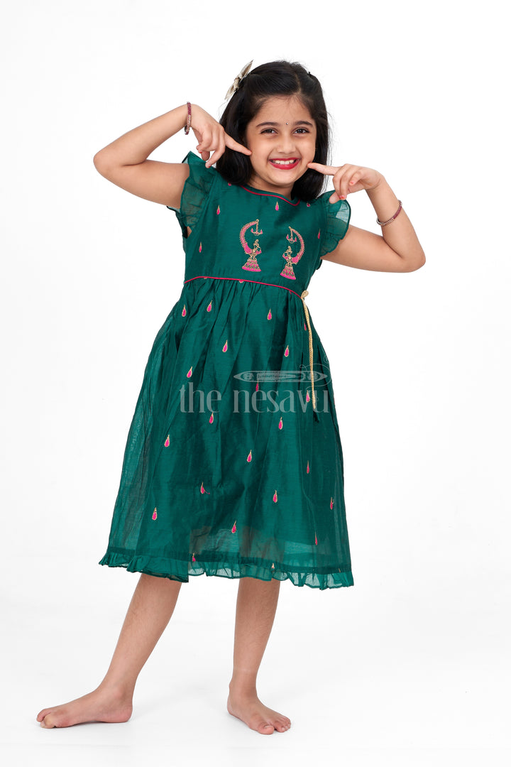 Green Chanderi Cotton Frock with Earring Embroidery for Girls – Traditional Attire for Festive Occasions