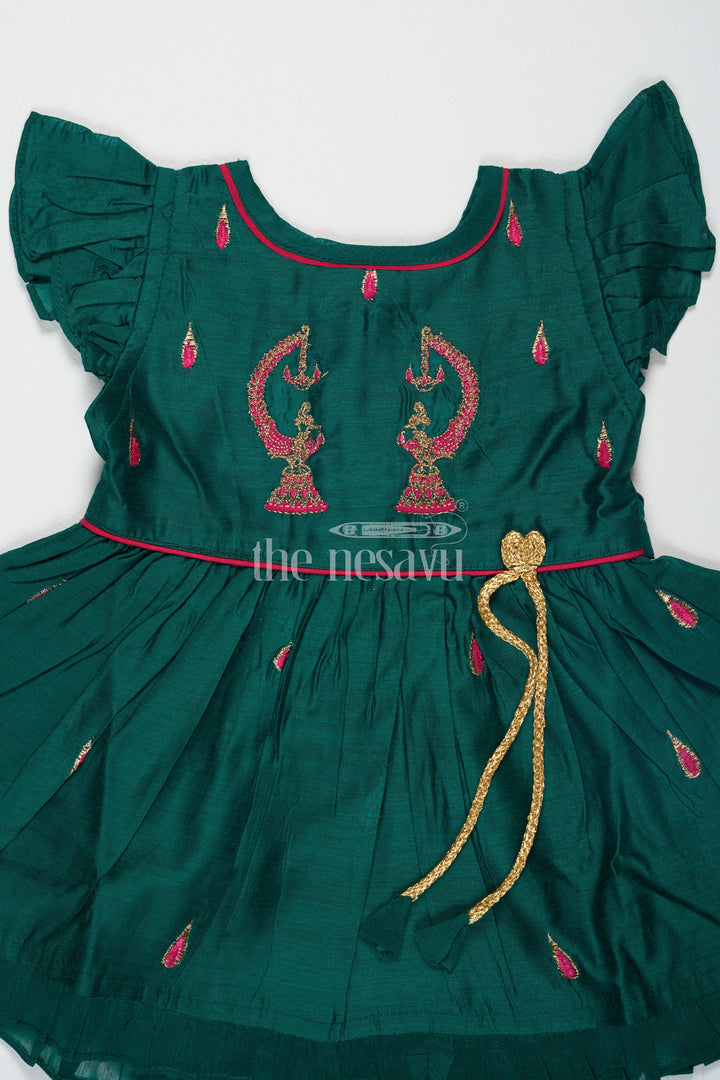 Green Chanderi Cotton Frock with Earring Embroidery for Girls – Traditional Attire for Festive Occasions