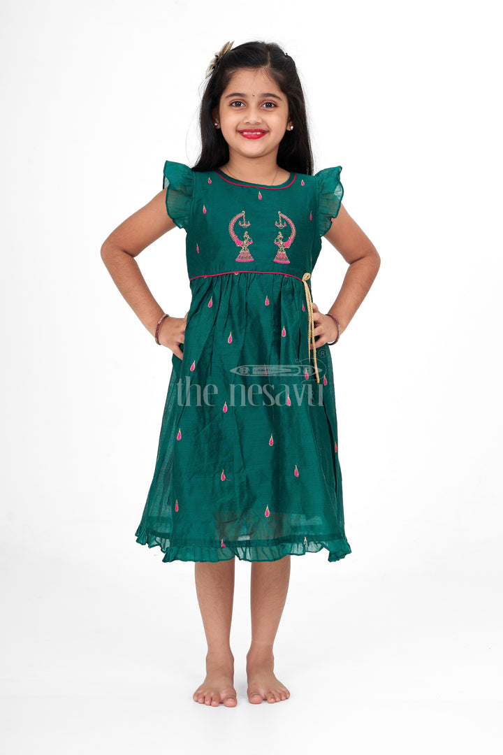 Green Chanderi Cotton Frock with Earring Embroidery for Girls – Traditional Attire for Festive Occasions