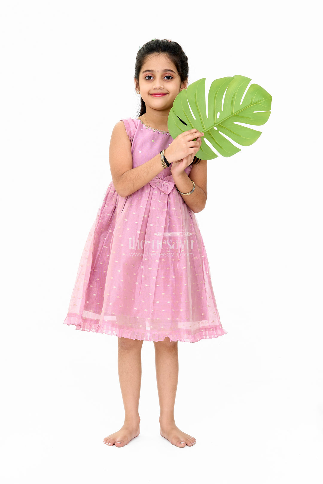 Pink Silk Frock for Girls with Mirror Work Neck Design – Festive Dress for Girls