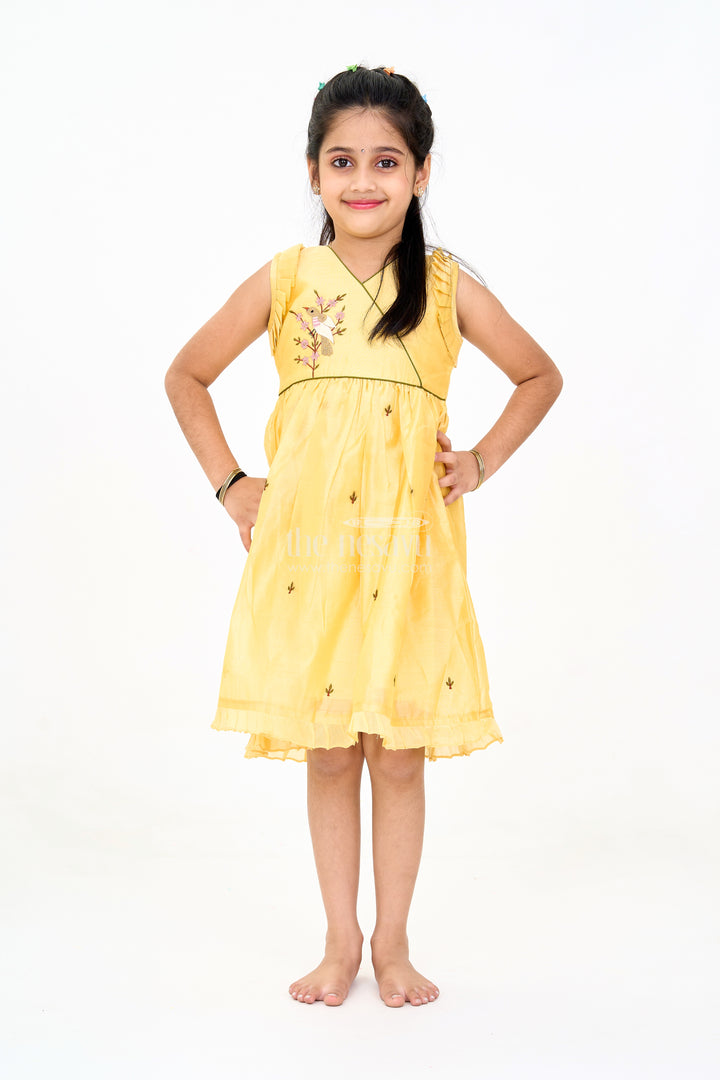 Mustard Chanderi Cotton Frock for Girls with Bird Embroidery – Festive and Casual Dress