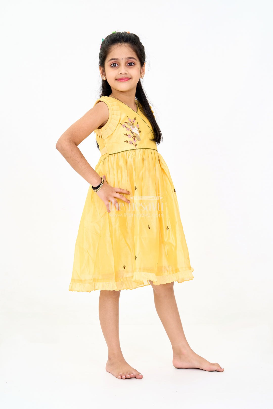 Mustard Chanderi Cotton Frock for Girls with Bird Embroidery – Festive and Casual Dress