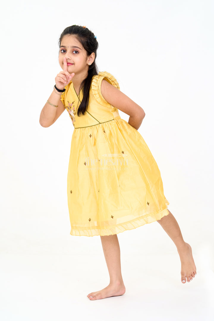 Mustard Chanderi Cotton Frock for Girls with Bird Embroidery – Festive and Casual Dress