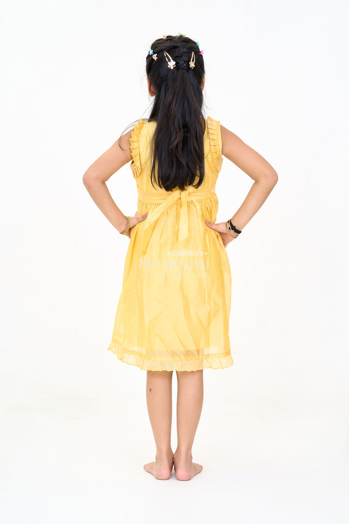 Mustard Chanderi Cotton Frock for Girls with Bird Embroidery – Festive and Casual Dress