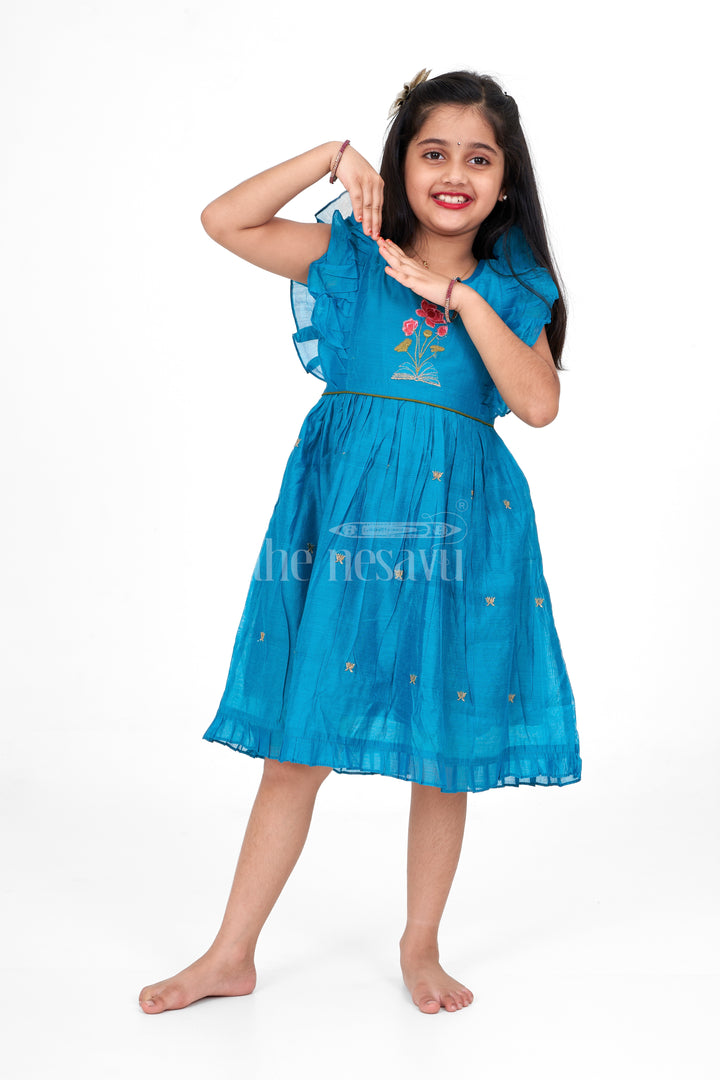 Teal Blue Chanderi Cotton Frock for Girls with Floral Embroidery – Ethnic Dress for Girls