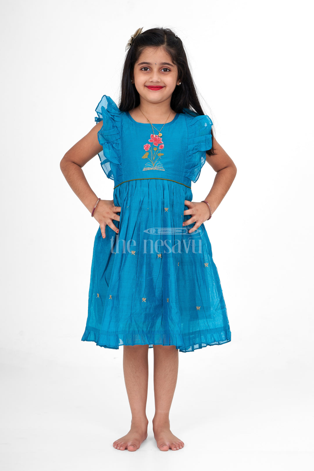 Teal Blue Chanderi Cotton Frock for Girls with Floral Embroidery – Ethnic Dress for Girls