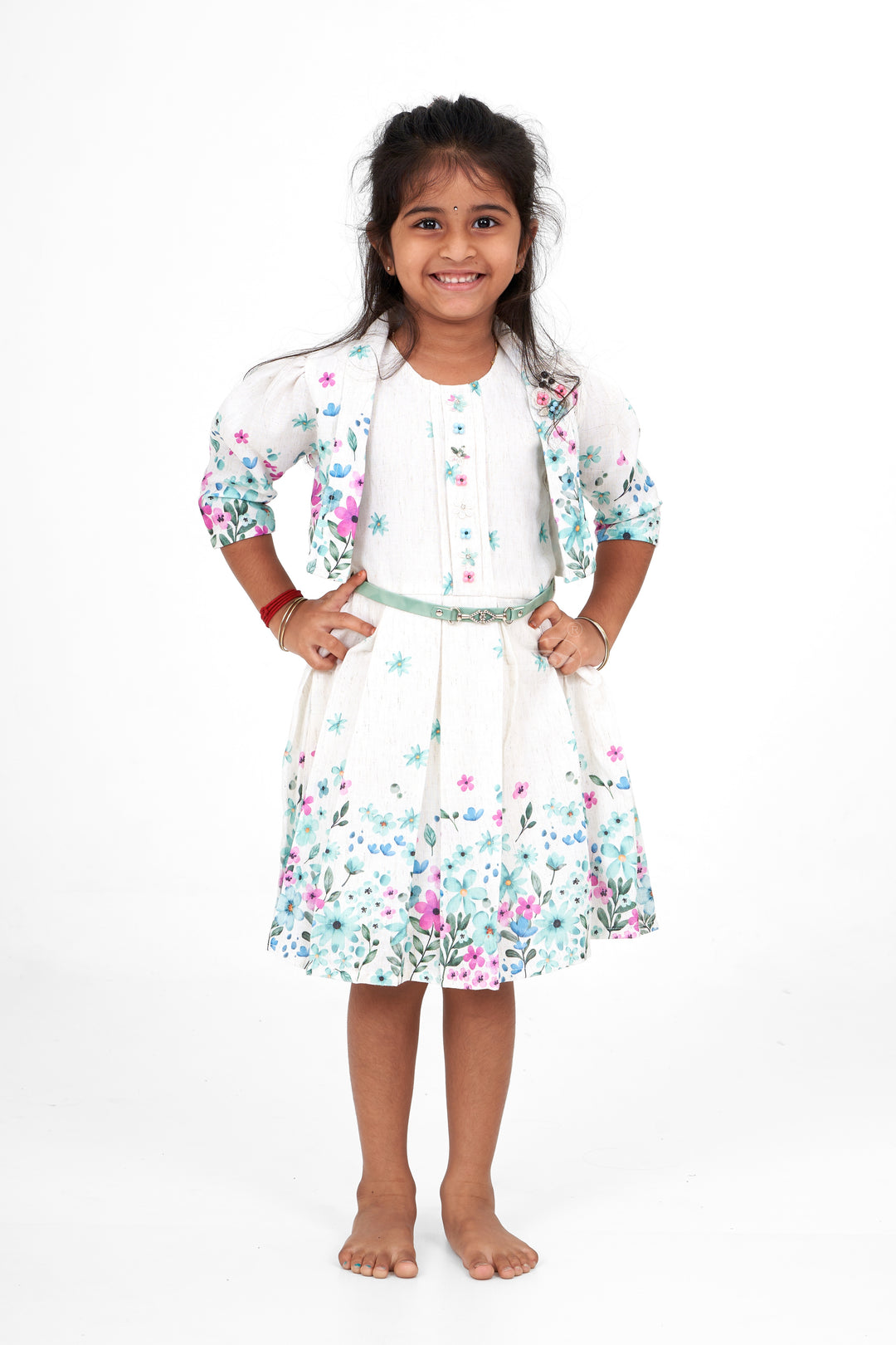 Girls White Flax Cotton Printed Frock with Floral Design Diwali Ethnic Wear