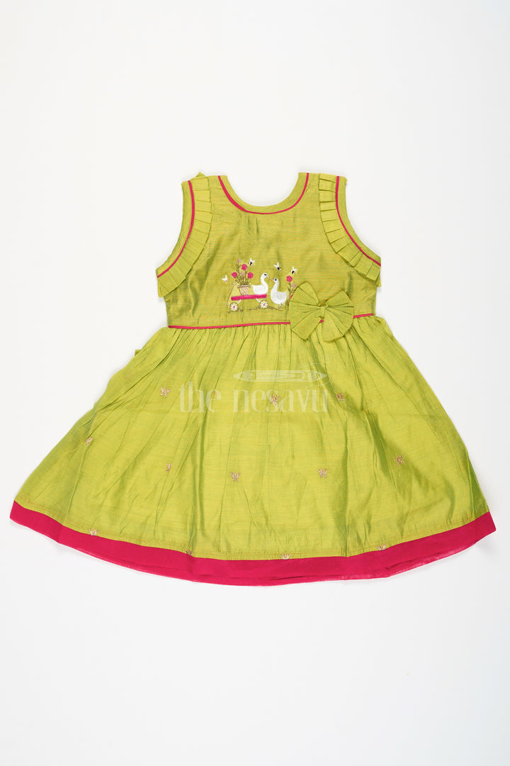 Cotton Short Frock for Women in Chanderi Silk with Duck Embroidery and Ruffled Details, Perfect for Festive Gatherings