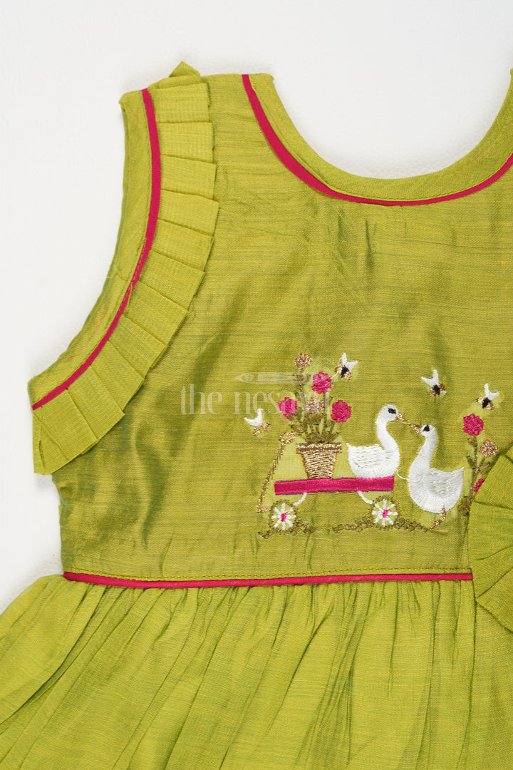 Cotton Short Frock for Women in Chanderi Silk with Duck Embroidery and Ruffled Details, Perfect for Festive Gatherings