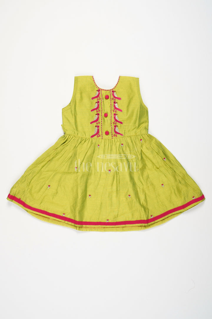 Simple Cotton Frocks for Ladies in Chanderi Silk with Bird Embroidery, Perfect for Festive Gatherings