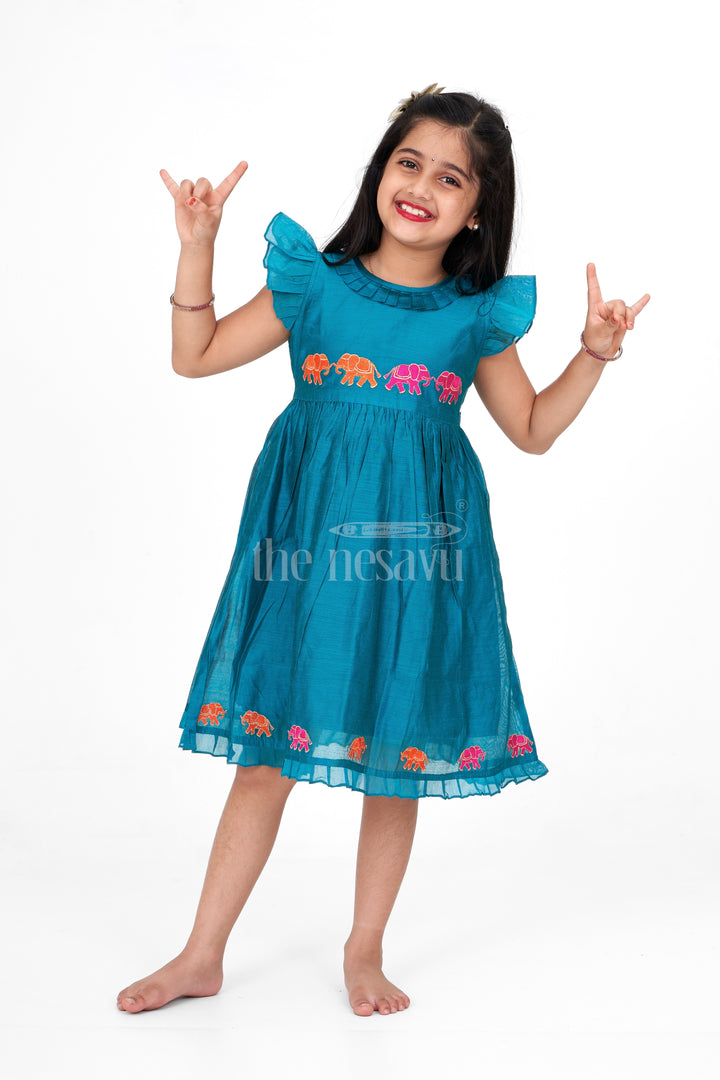 Blue Girls Party Frock in Chanderi with Colorful Elephant Embroidery Perfect for Special Occasions