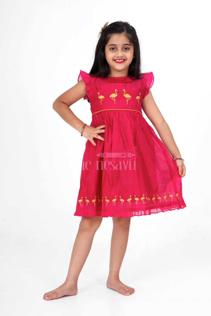 Red Chanderi Girls Party Frock with Gold Flamingo Embroidery Elegant and Festive Wear