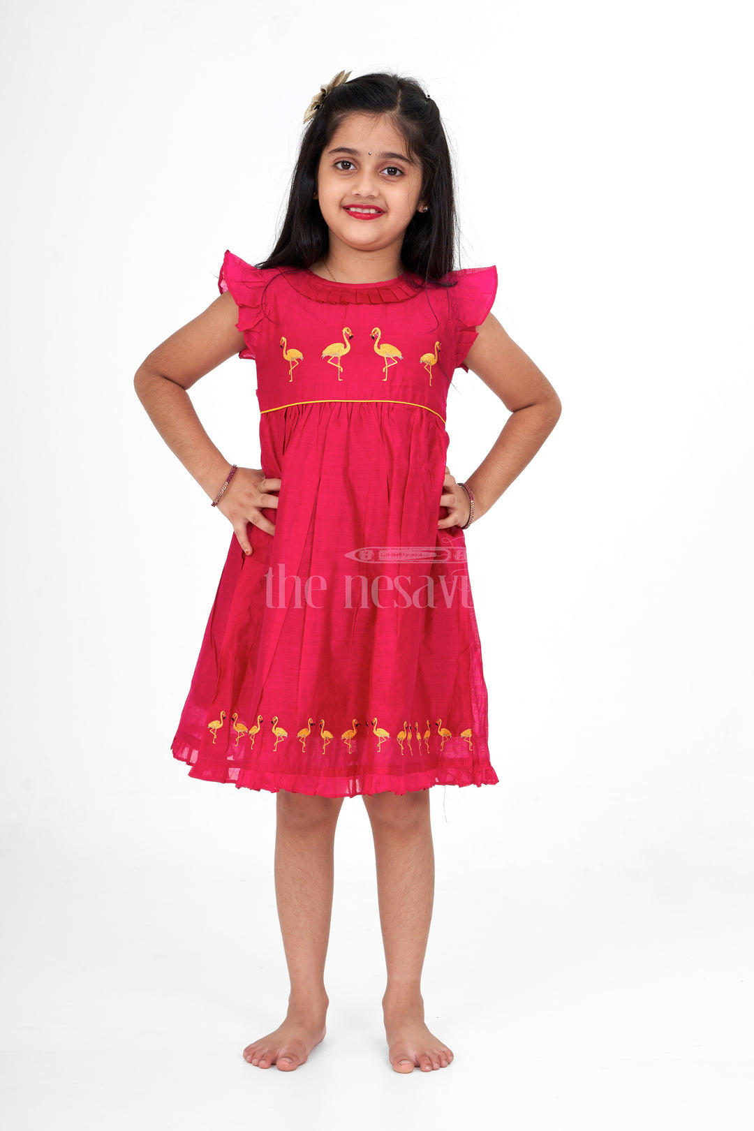 Red Chanderi Girls Party Frock with Gold Flamingo Embroidery Elegant and Festive Wear